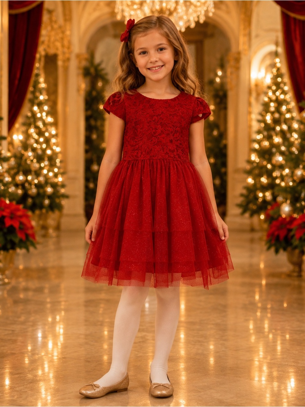 Rare Editions Girls 6/6X Red Lace Sparkle Tulle Party Dress NWT